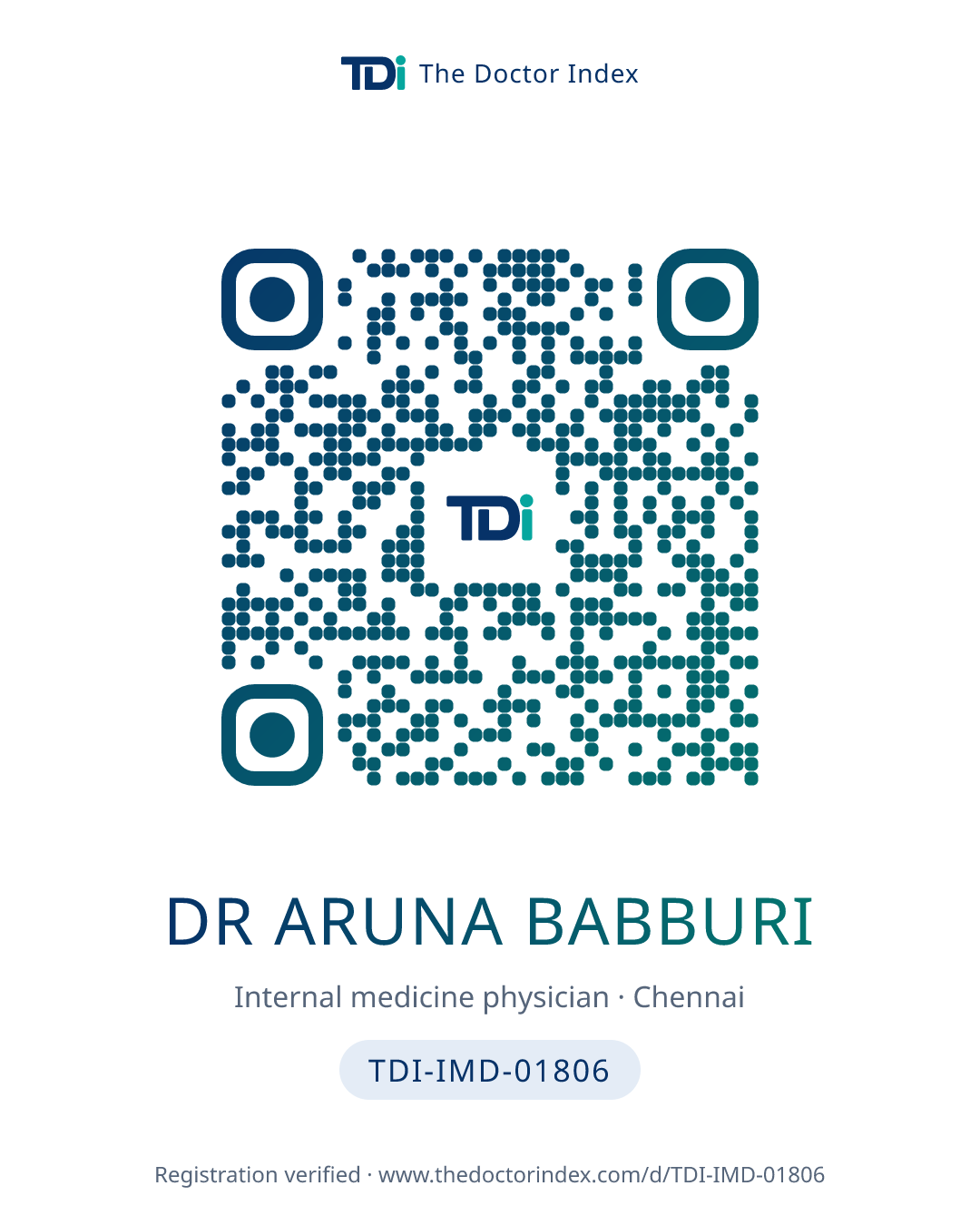 QR card for Dr Aruna Babburi, TDI-IMD-01806