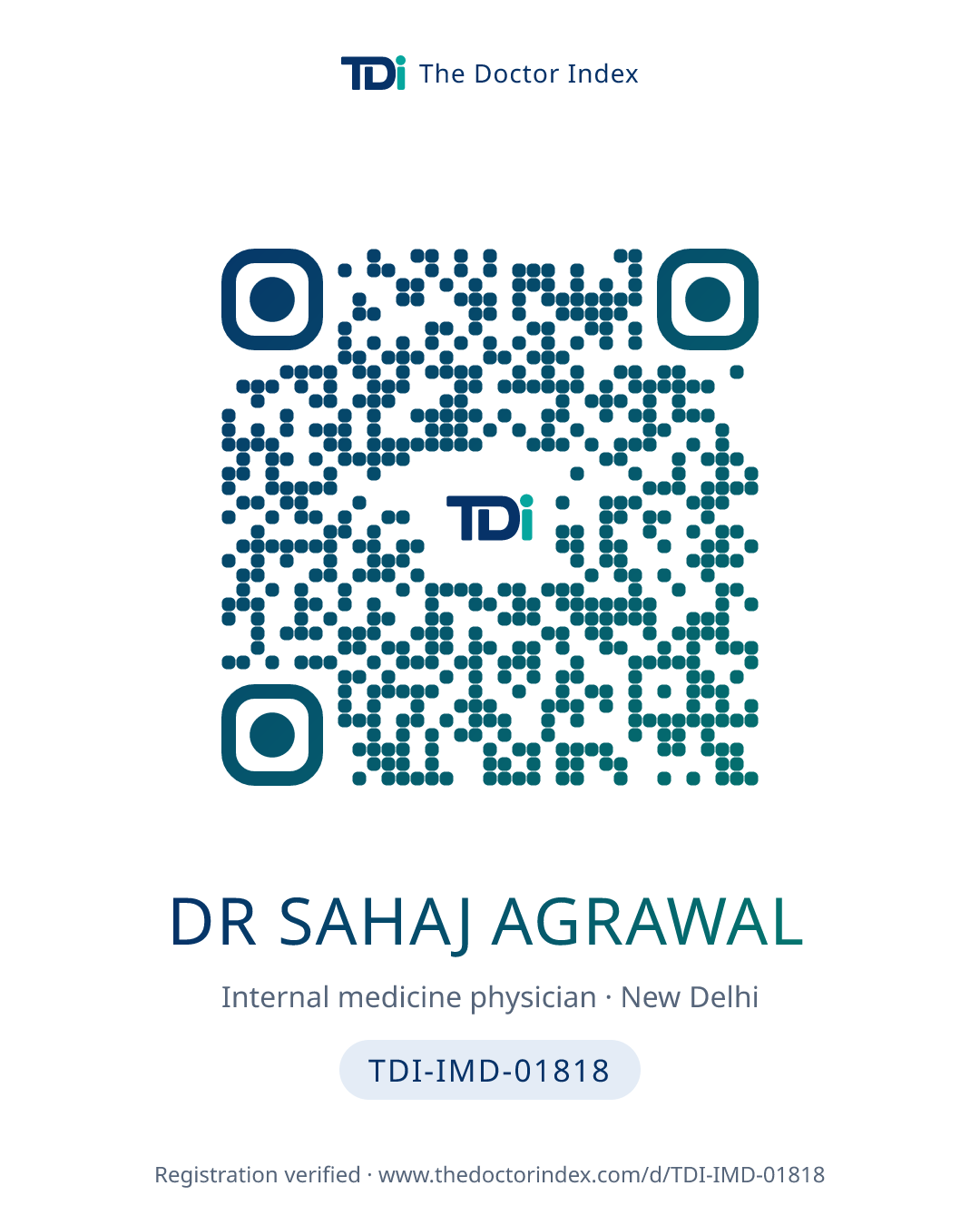 QR card for Dr Sahaj Agrawal, TDI-IMD-01818