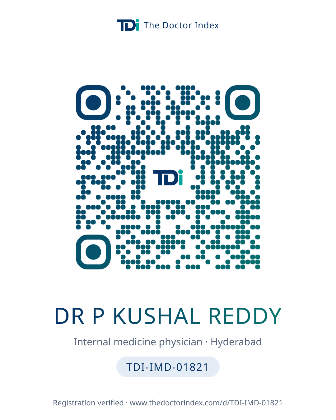 QR card for Dr P Kushal Reddy, TDI-IMD-01821