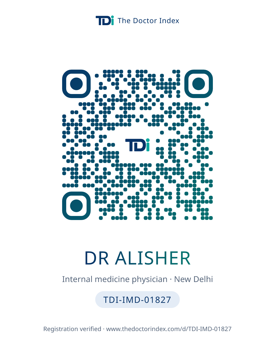 QR card for Dr Alisher, TDI-IMD-01827