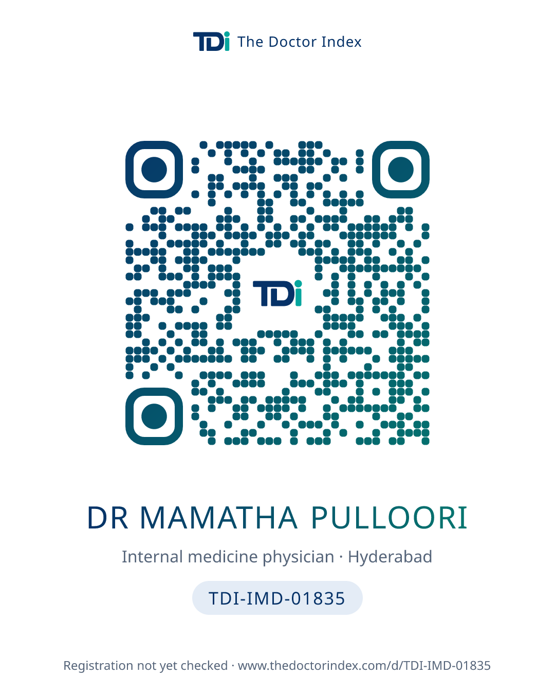 QR card for Dr Mamatha Pulloori, TDI-IMD-01835