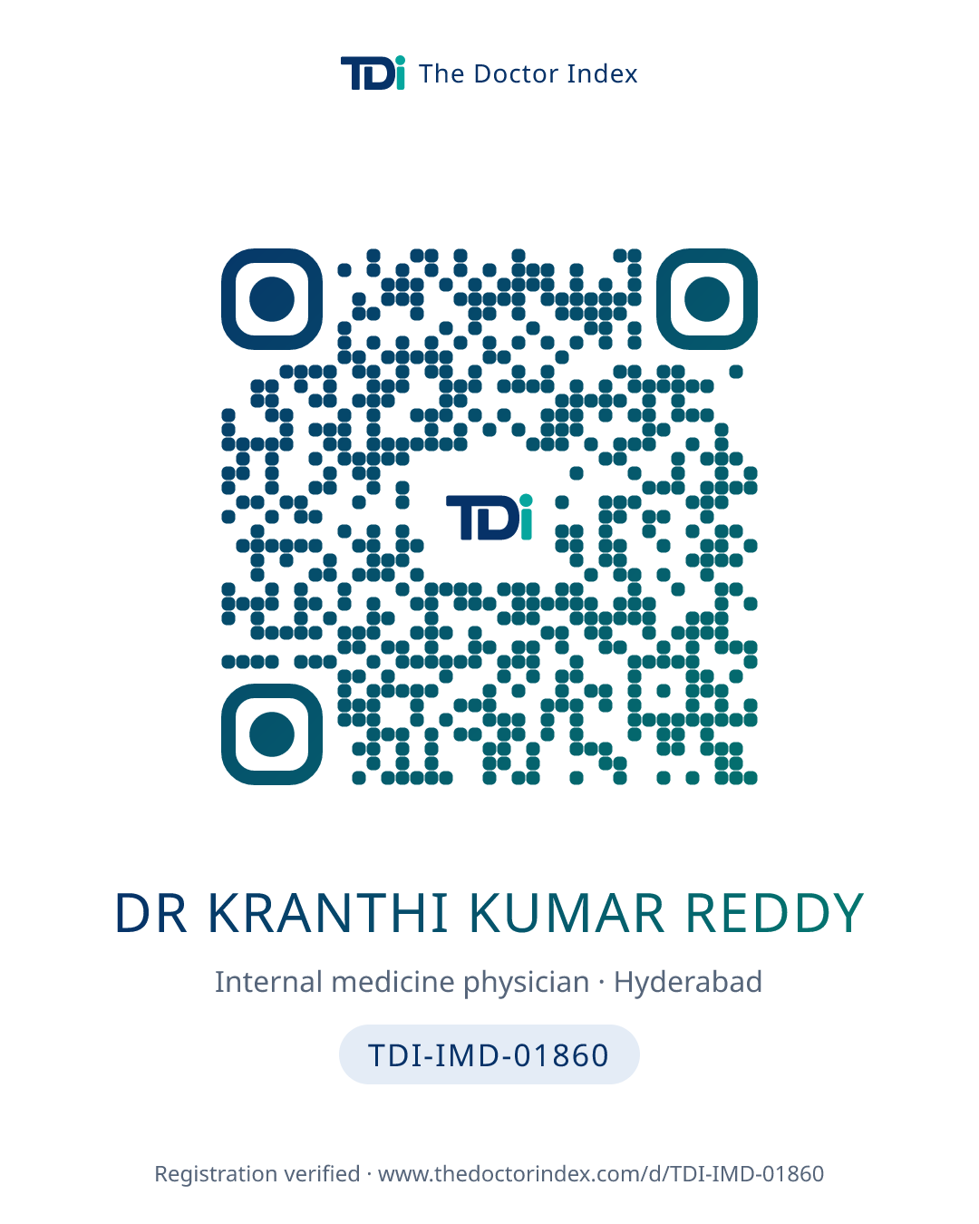QR card for Dr Kranthi Kumar Reddy, TDI-IMD-01860
