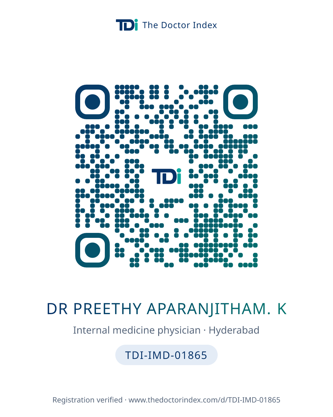 QR card for Dr Preethy Aparanjitham. K, TDI-IMD-01865