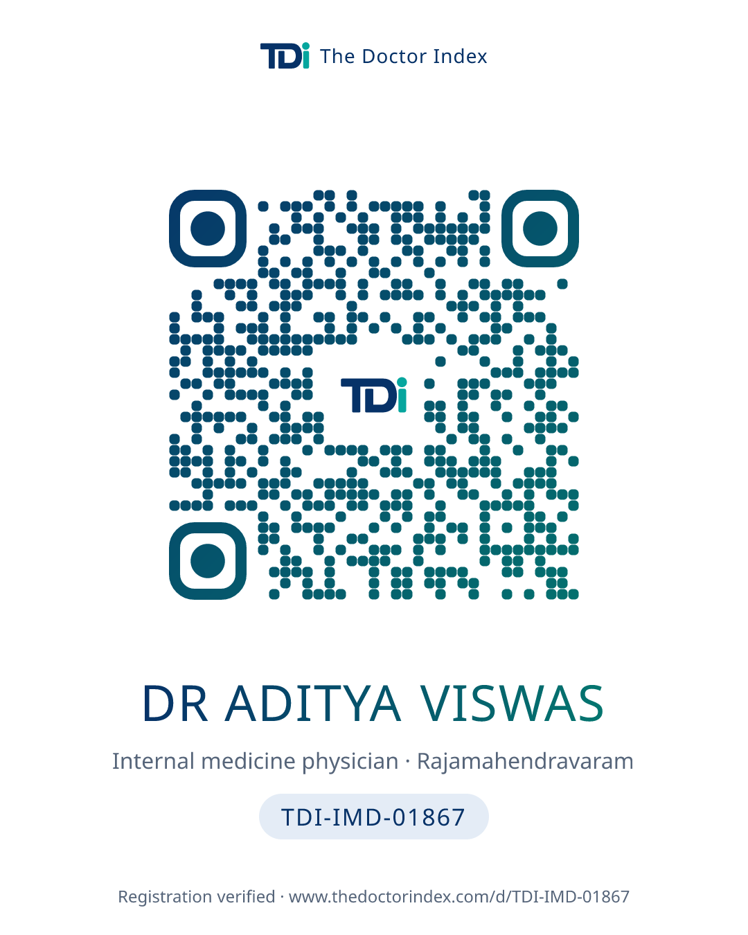 QR card for Dr Aditya Viswas, TDI-IMD-01867