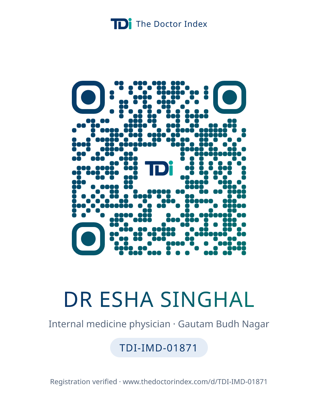 QR card for Dr Esha Singhal, TDI-IMD-01871