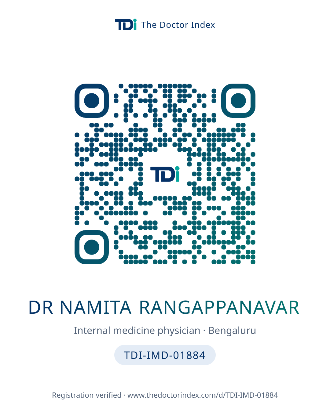 QR card for Dr Namita Rangappanavar, TDI-IMD-01884