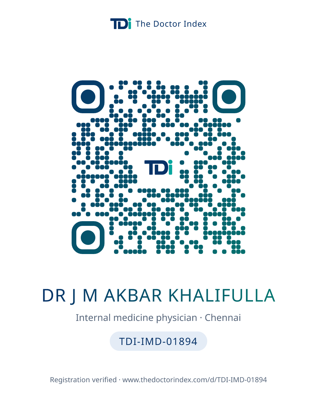 QR card for Dr J M Akbar Khalifulla, TDI-IMD-01894