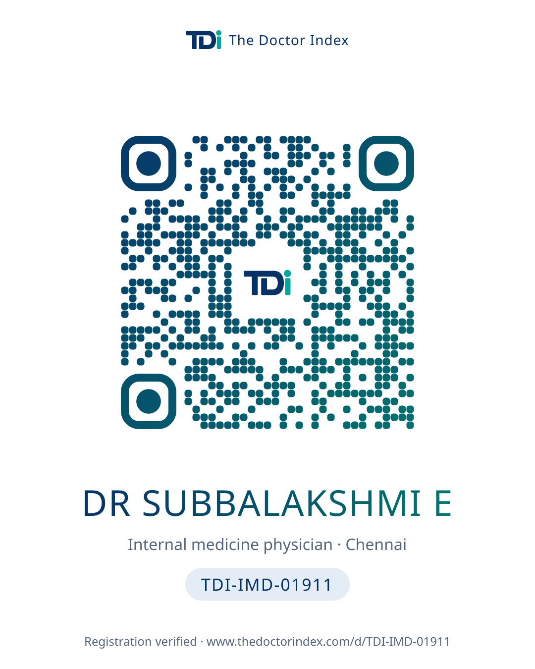 QR card for Dr Subbalakshmi E, TDI-IMD-01911