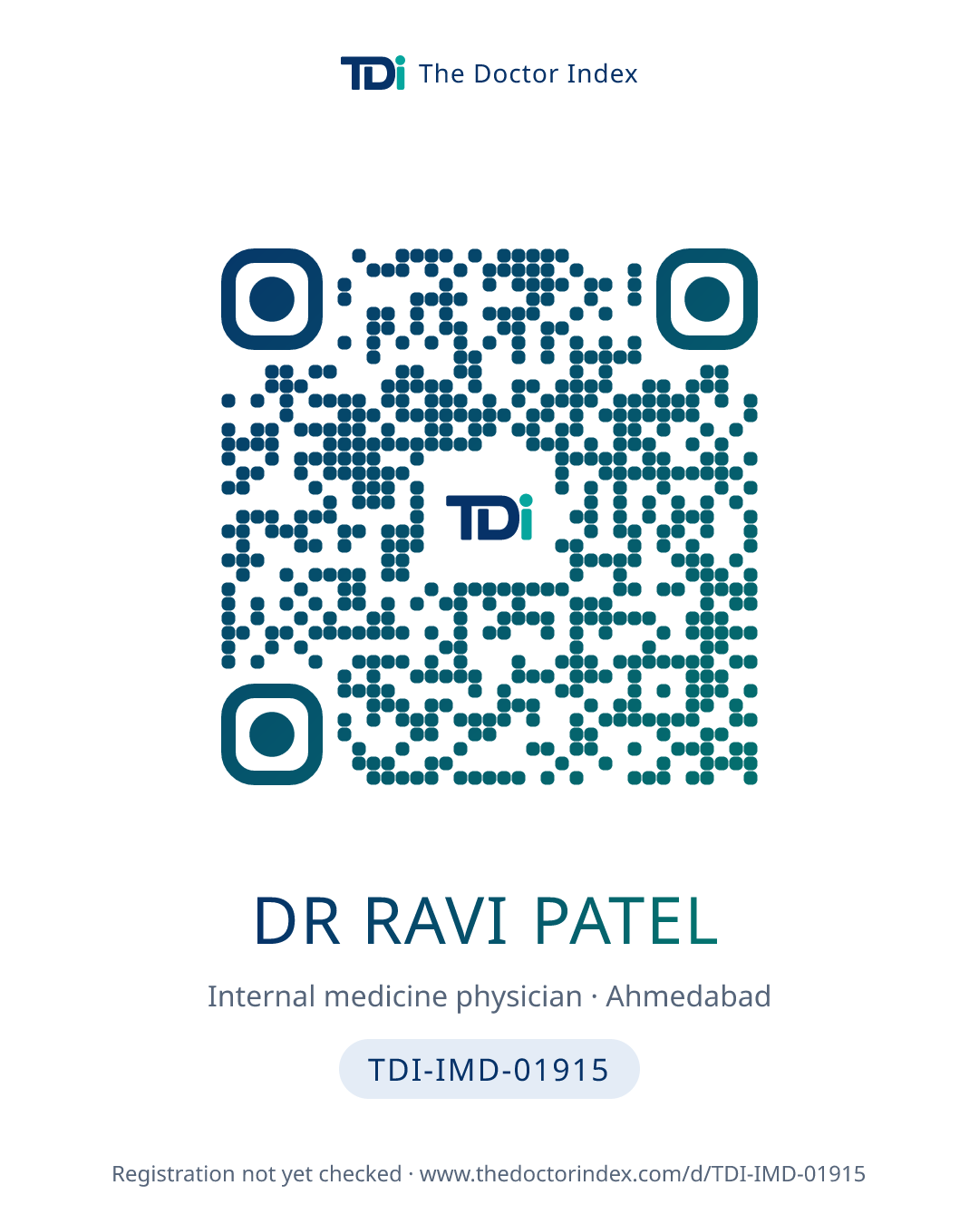 QR card for Dr Ravi Patel, TDI-IMD-01915