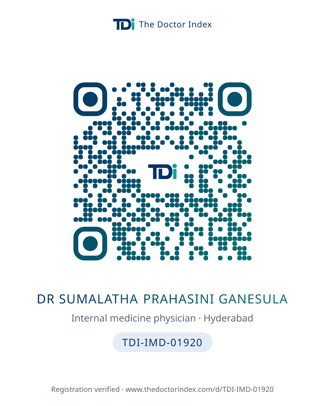 QR card for Dr Sumalatha Prahasini Ganesula, TDI-IMD-01920