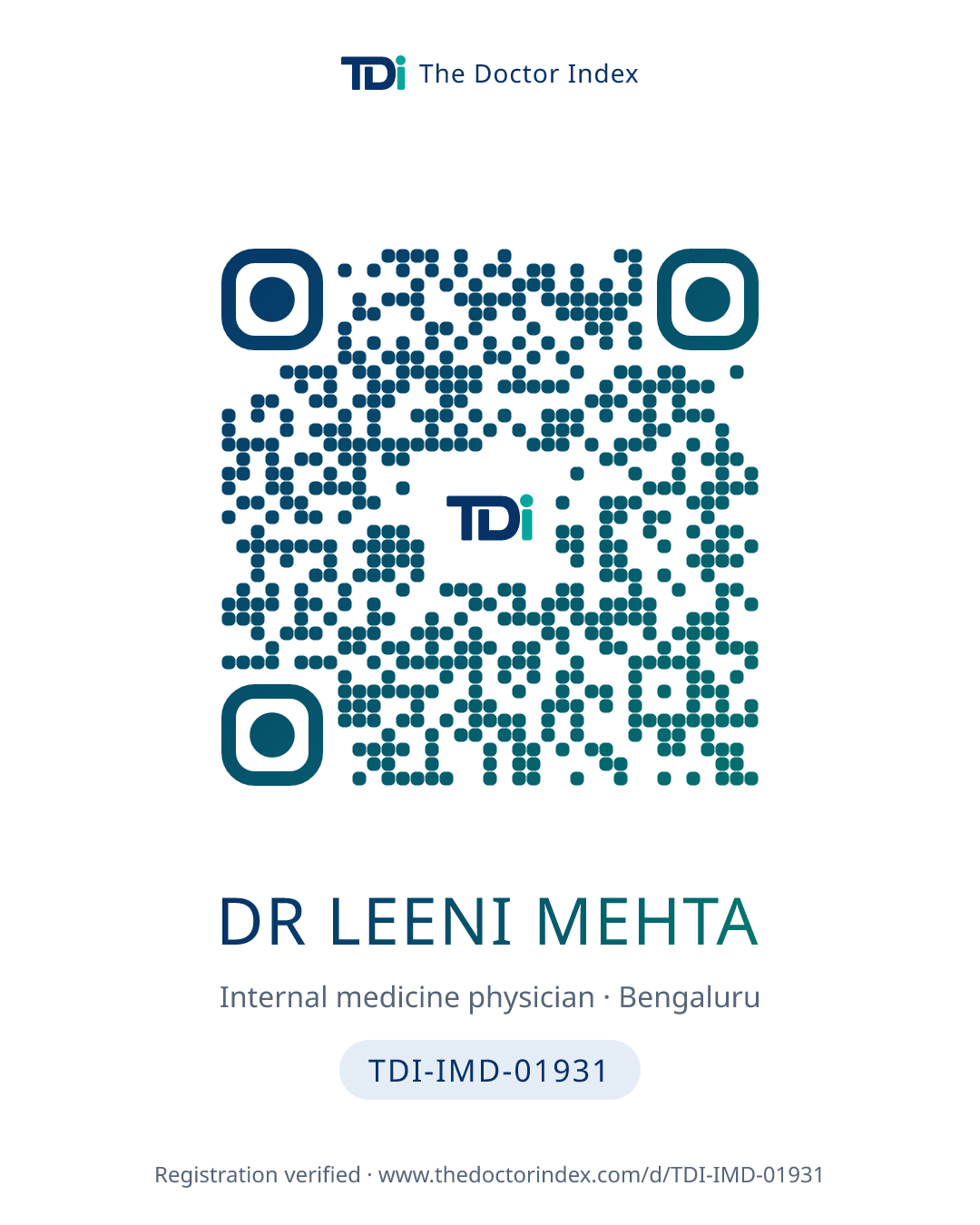 QR card for Dr Leeni Mehta, TDI-IMD-01931