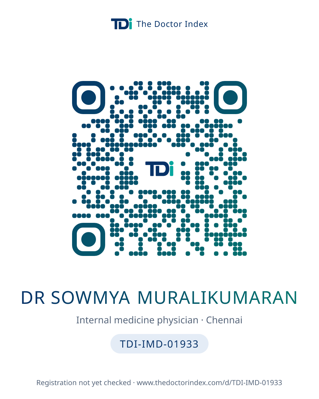 QR card for Dr Sowmya Muralikumaran, TDI-IMD-01933