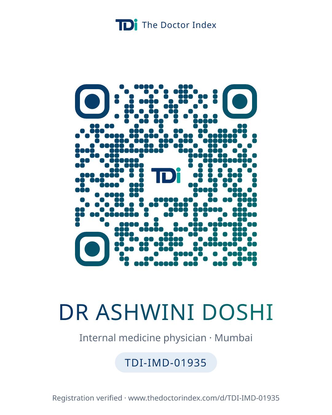 QR card for Dr Ashwini Doshi, TDI-IMD-01935