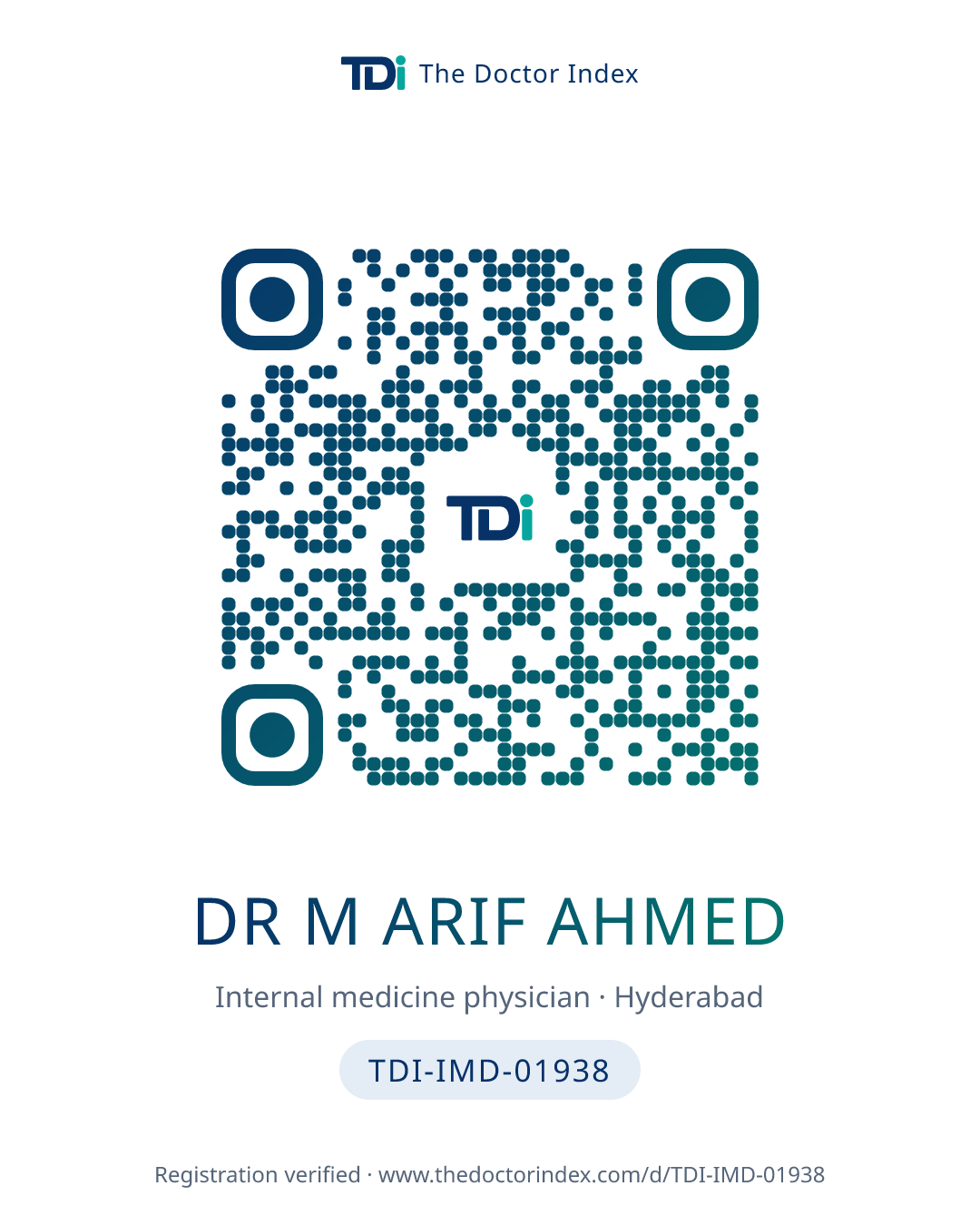 QR card for Dr M Arif Ahmed, TDI-IMD-01938