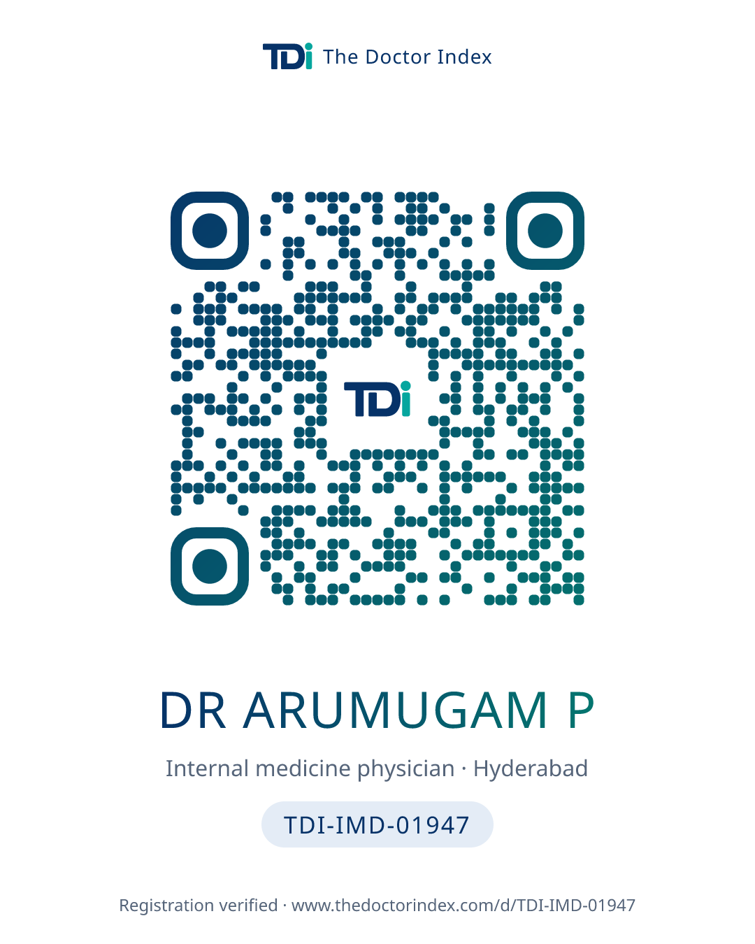 QR card for Dr Arumugam P, TDI-IMD-01947