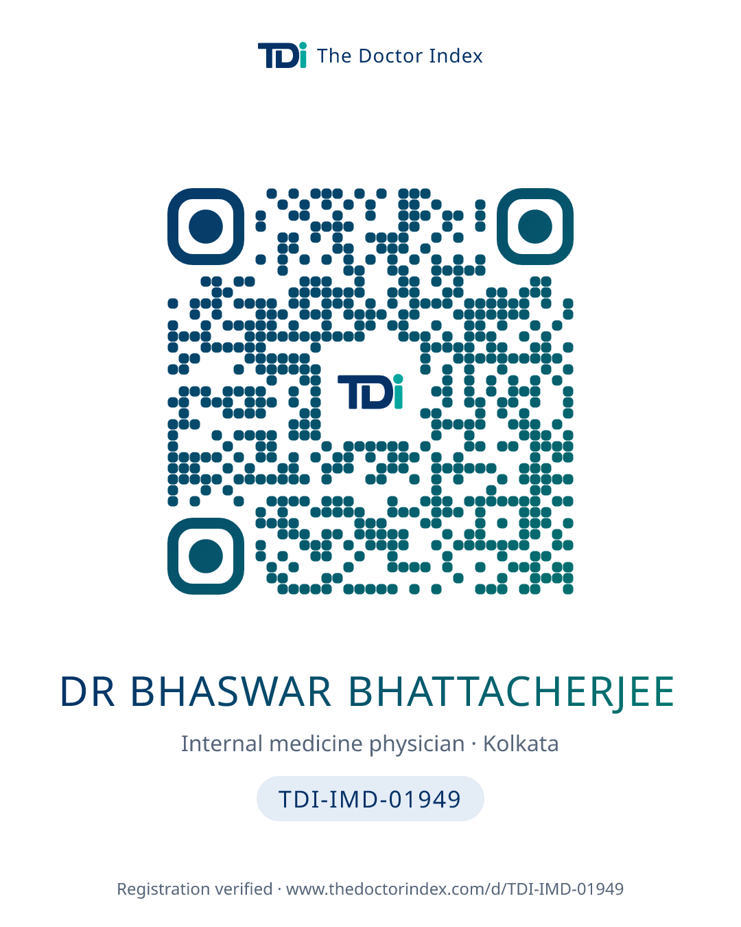 QR card for Dr Bhaswar Bhattacherjee, TDI-IMD-01949