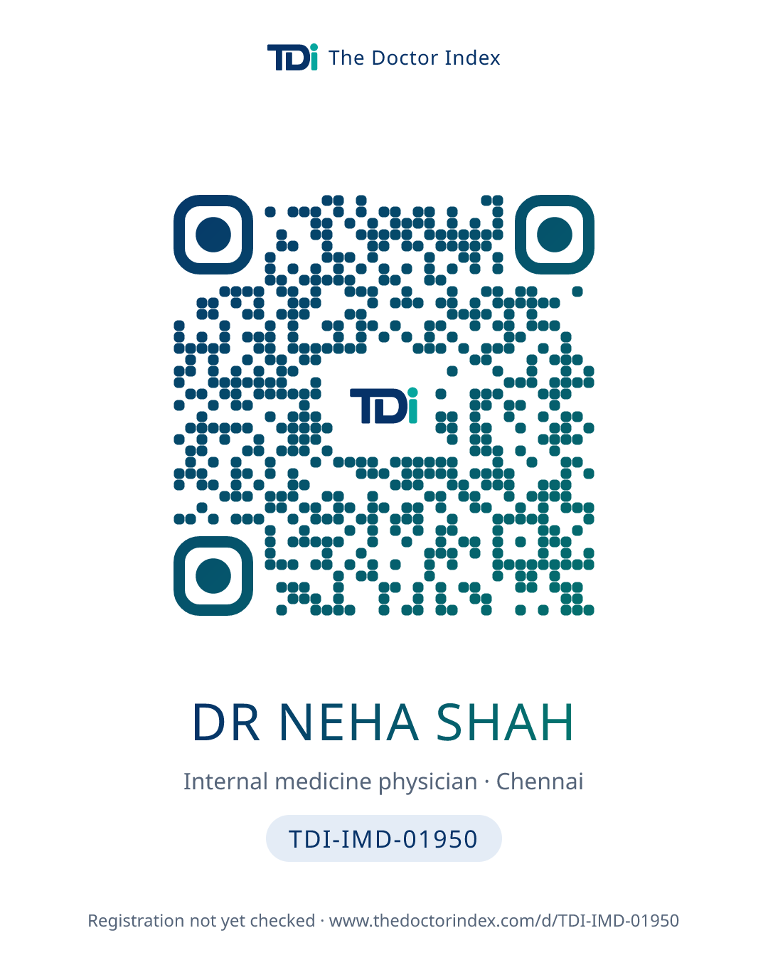 QR card for Dr Neha Shah, TDI-IMD-01950