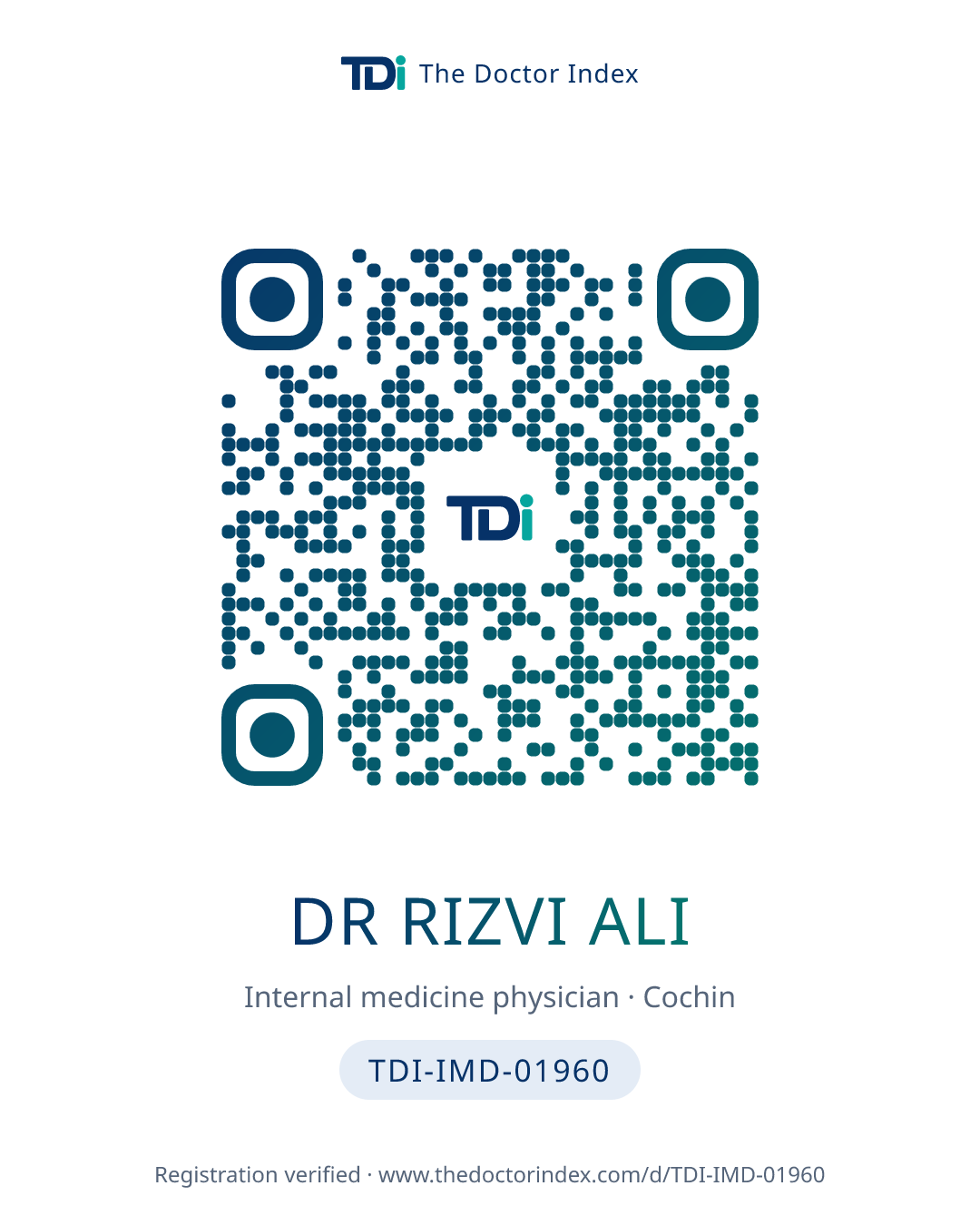 QR card for Dr Rizvi Ali, TDI-IMD-01960