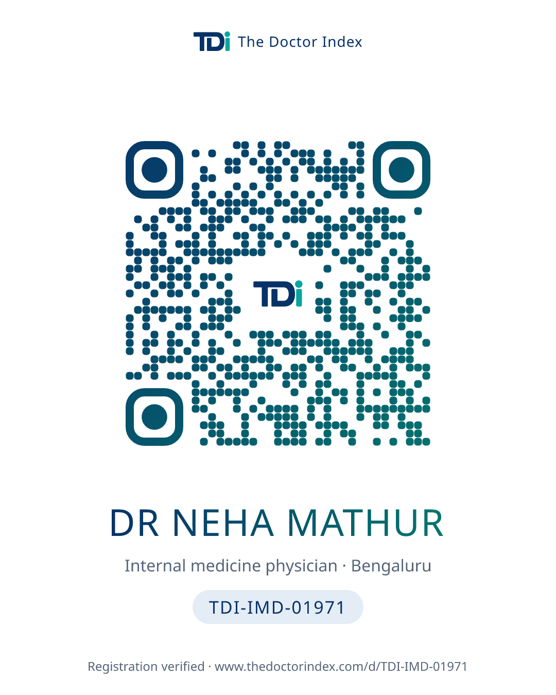 QR card for Dr Neha Mathur, TDI-IMD-01971