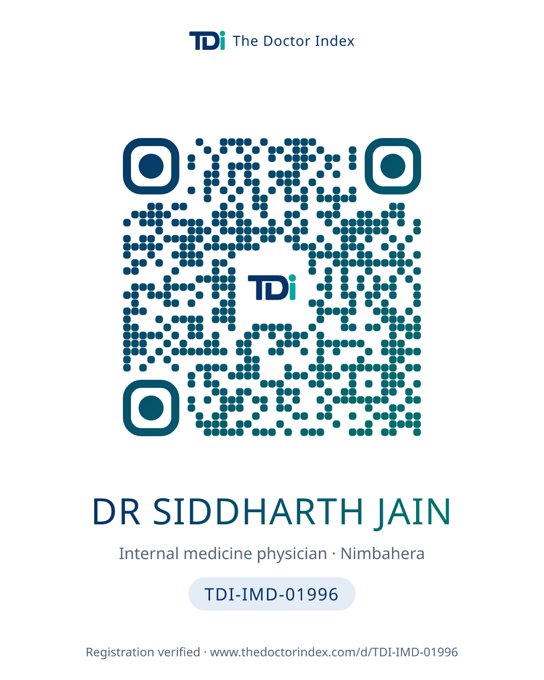 QR card for Dr Siddharth Jain, TDI-IMD-01996