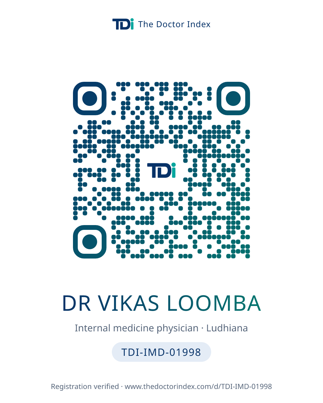 QR card for Dr Vikas Loomba, TDI-IMD-01998