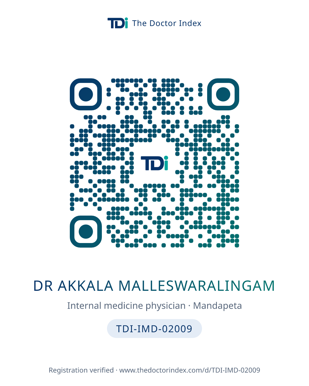 QR card for Dr Akkala Malleswaralingam, TDI-IMD-02009