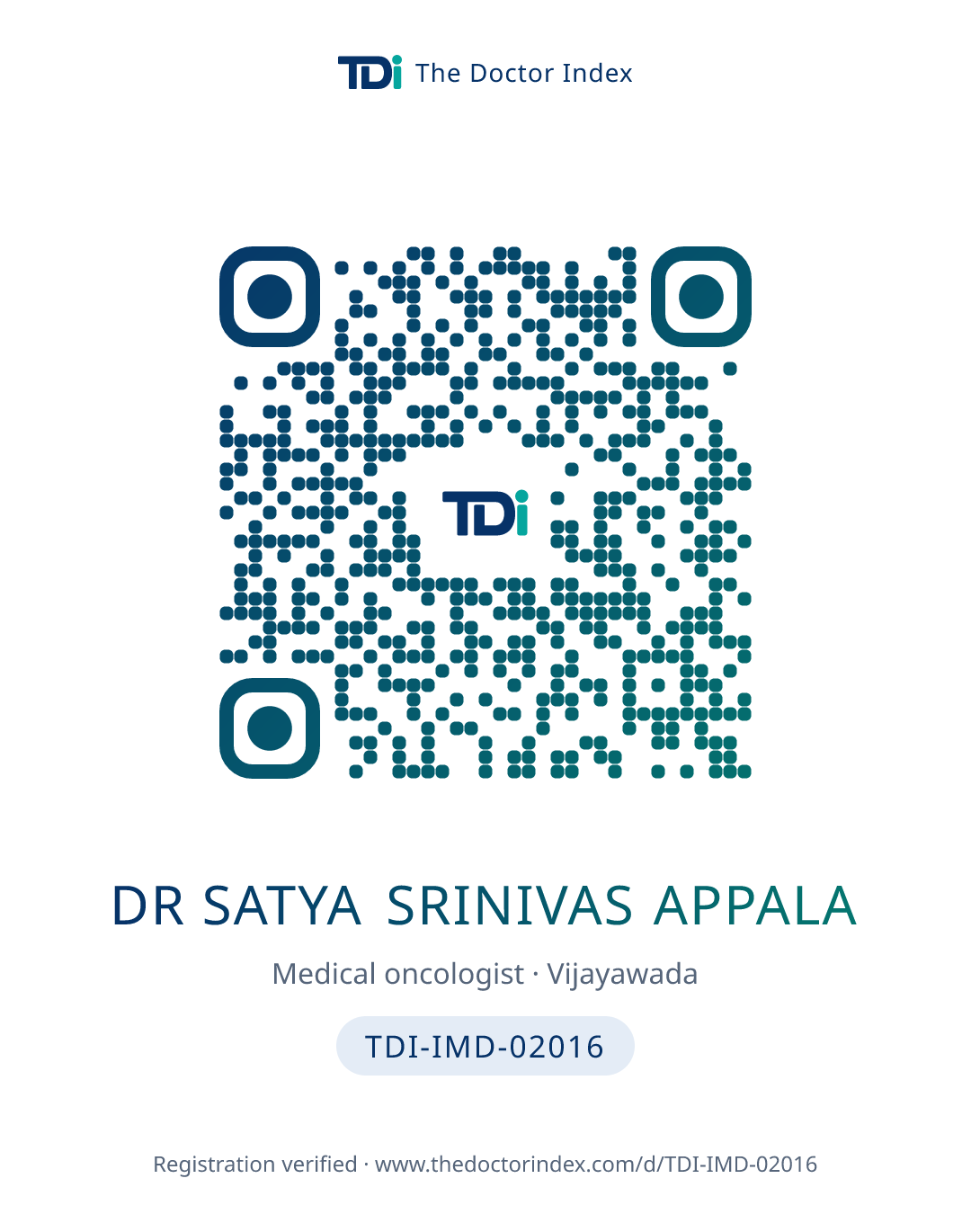 QR card for Dr Satya Srinivas Appala, TDI-IMD-02016