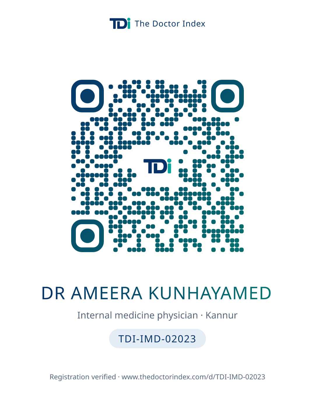 QR card for Dr Ameera Kunhayamed, TDI-IMD-02023