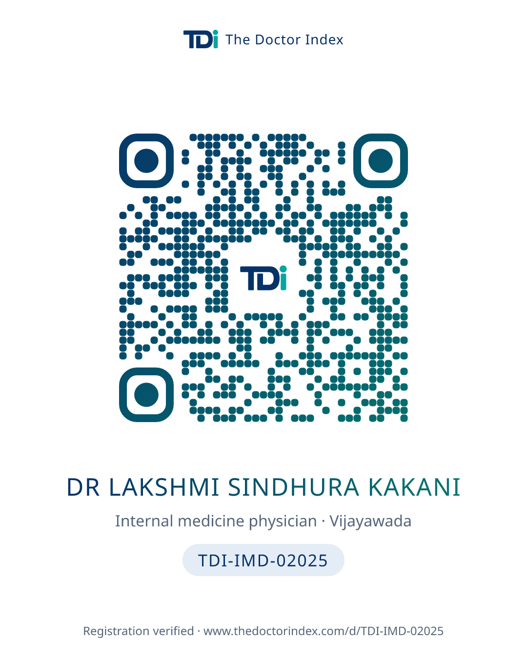 QR card for Dr Lakshmi Sindhura Kakani, TDI-IMD-02025