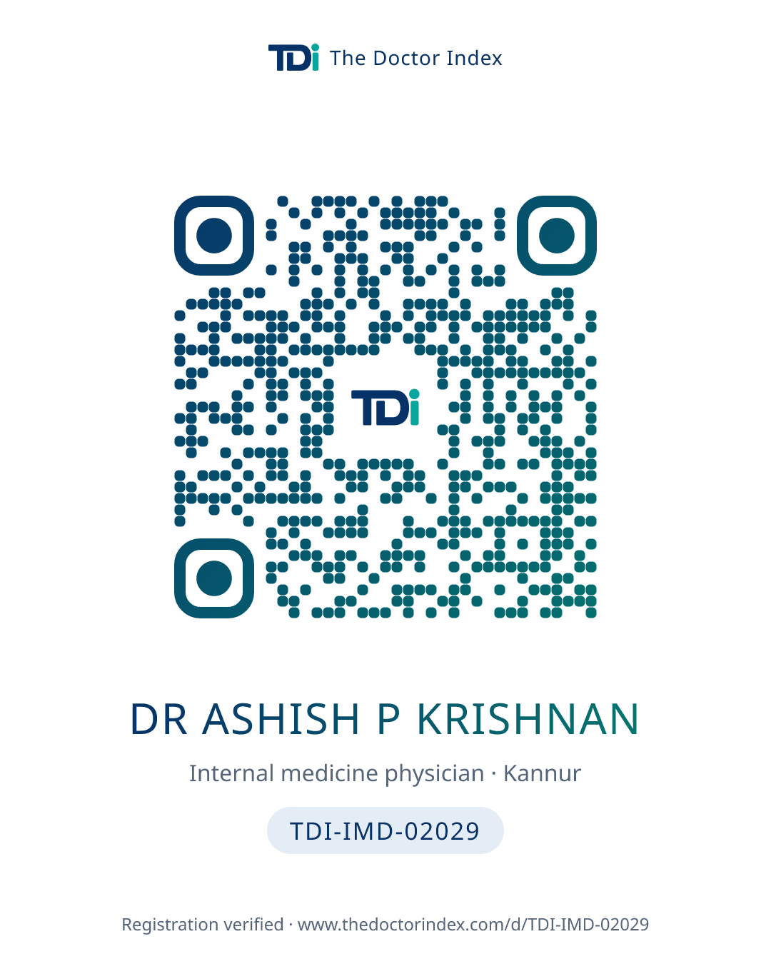QR card for Dr Ashish P Krishnan, TDI-IMD-02029