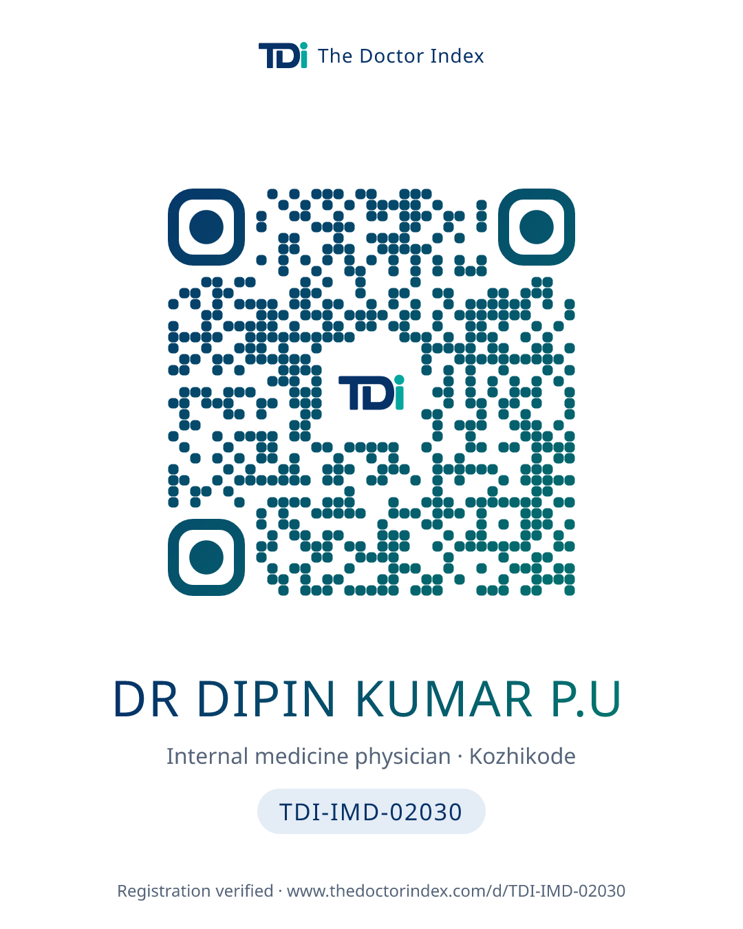 QR card for Dr Dipin Kumar P.U, TDI-IMD-02030