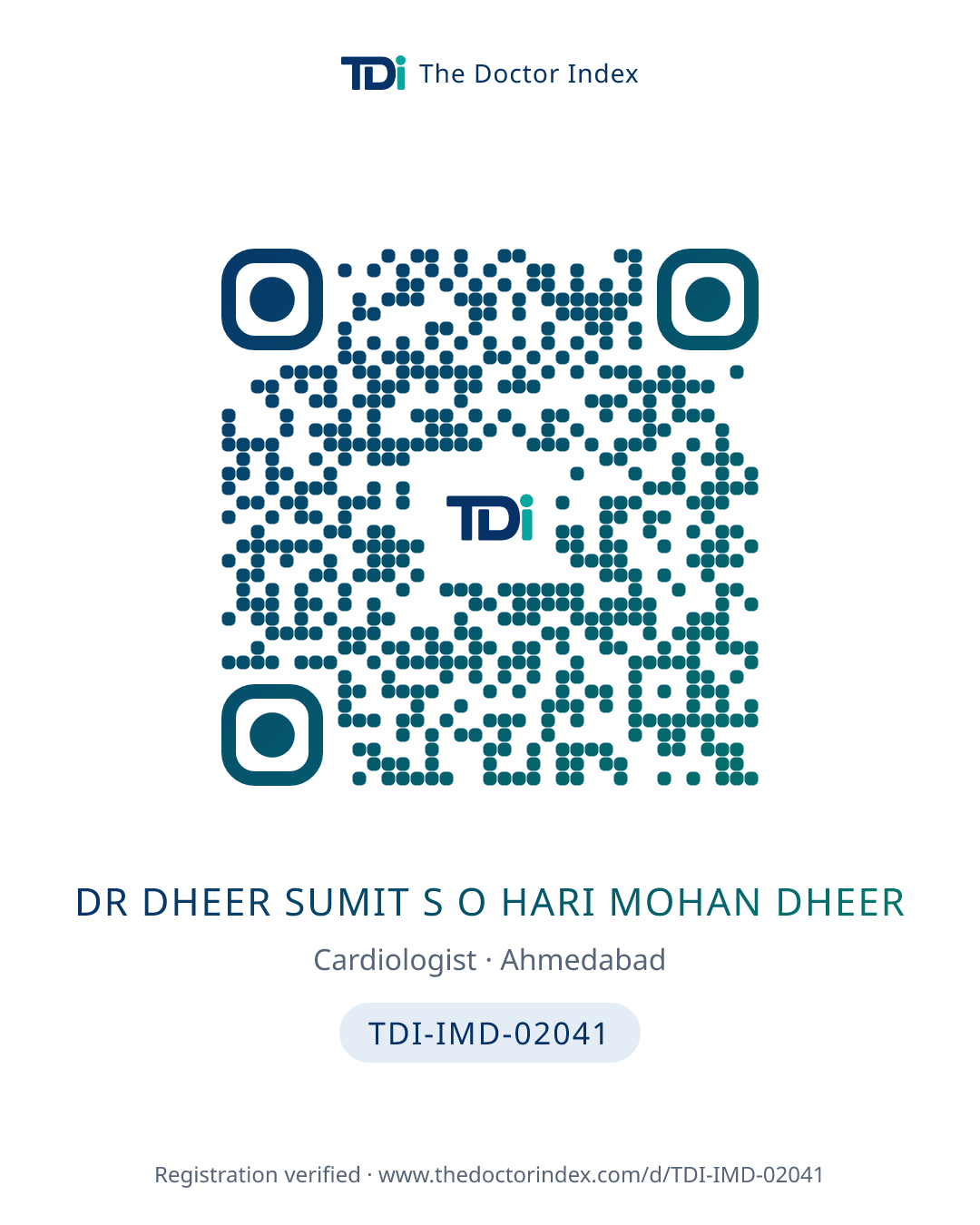 QR card for Dr Dheer Sumit S O Hari Mohan Dheer, TDI-IMD-02041