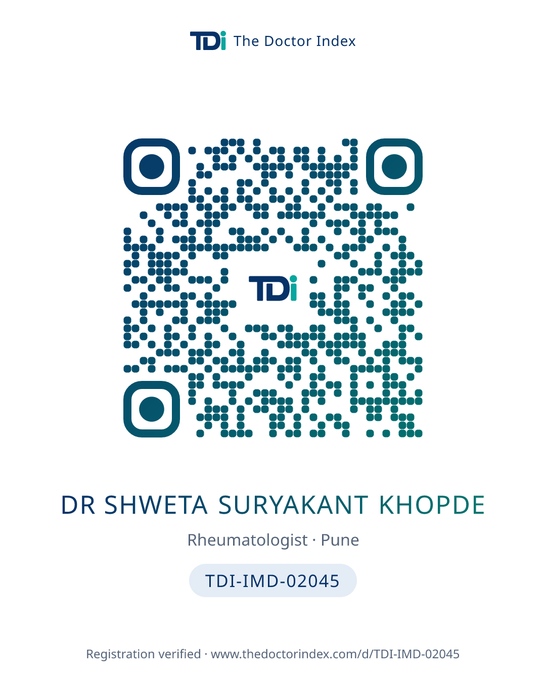 QR card for Dr Shweta Suryakant Khopde, TDI-IMD-02045