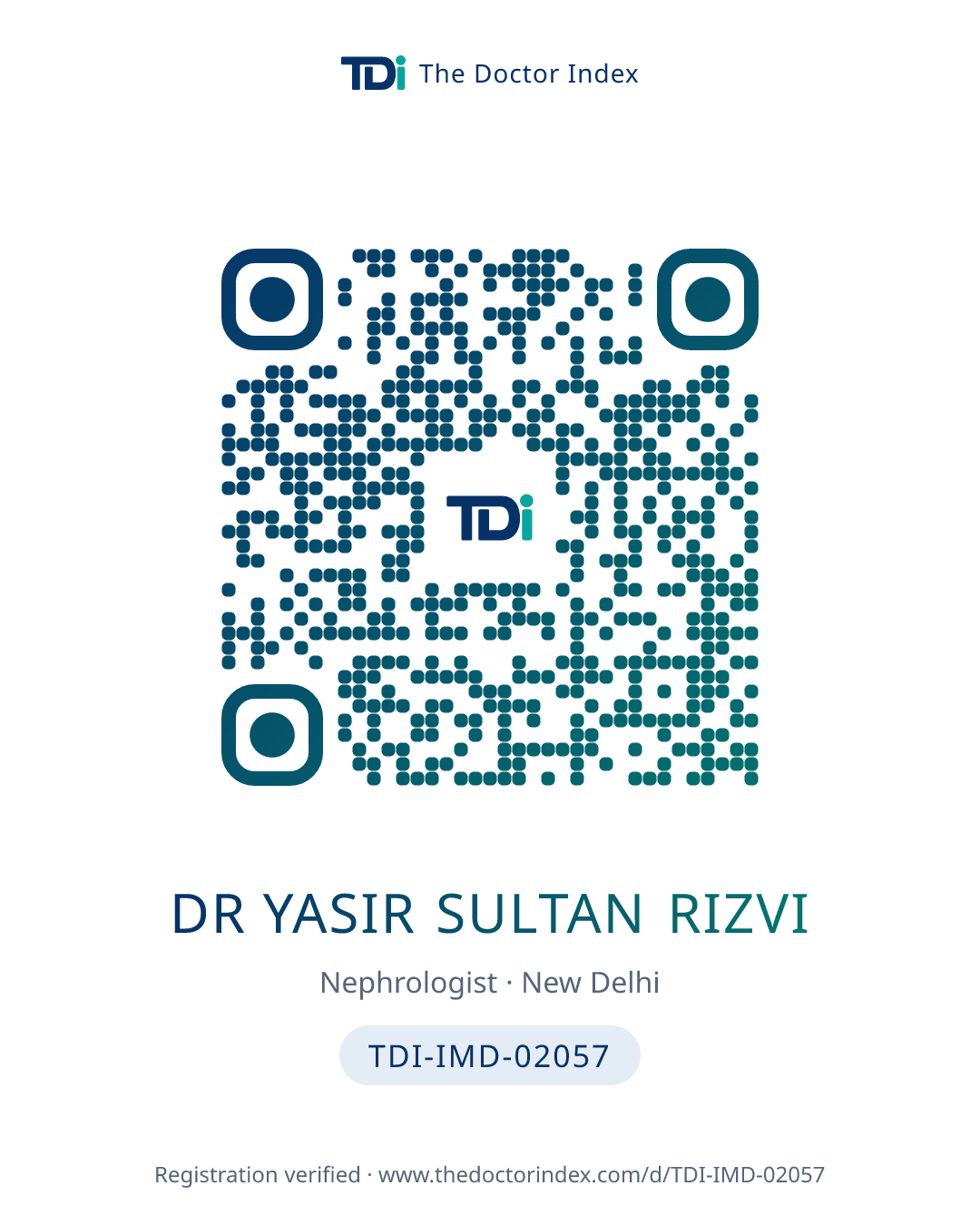 QR card for Dr Yasir Sultan Rizvi, TDI-IMD-02057