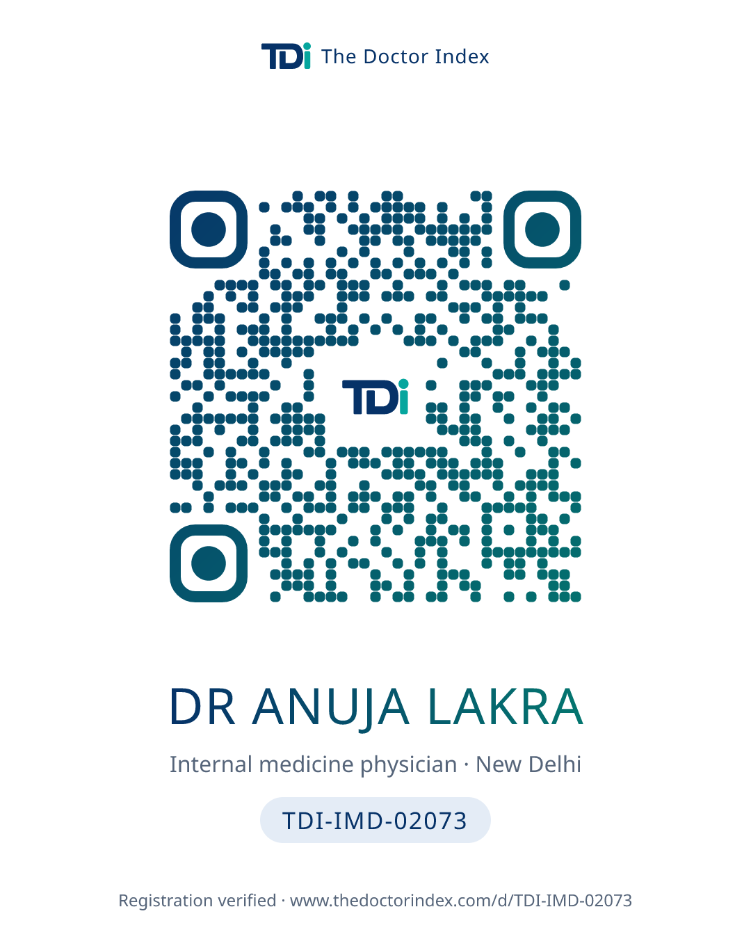 QR card for Dr Anuja Lakra, TDI-IMD-02073