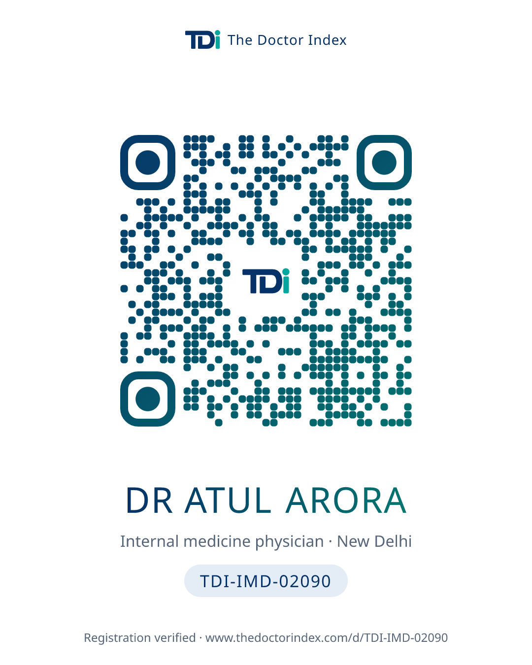QR card for Dr Atul Arora, TDI-IMD-02090
