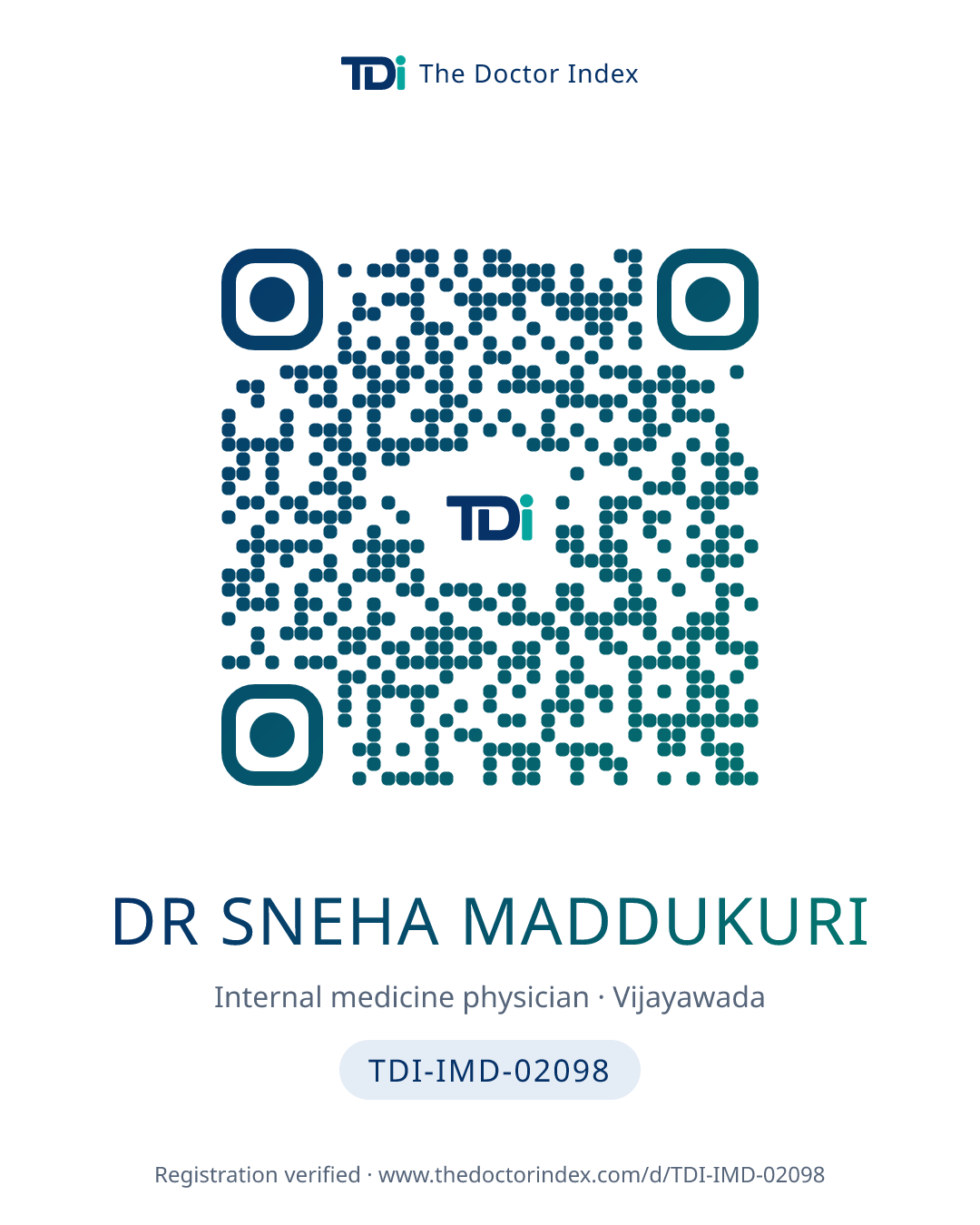 QR card for Dr Sneha Maddukuri, TDI-IMD-02098