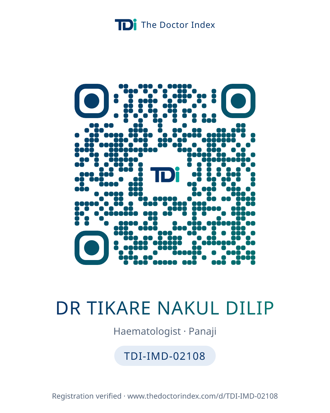QR card for Dr Tikare Nakul Dilip, TDI-IMD-02108
