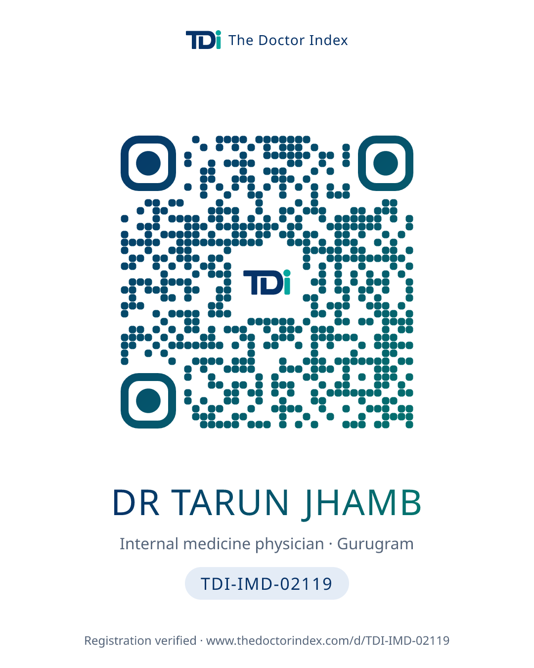 QR card for Dr Tarun Jhamb, TDI-IMD-02119
