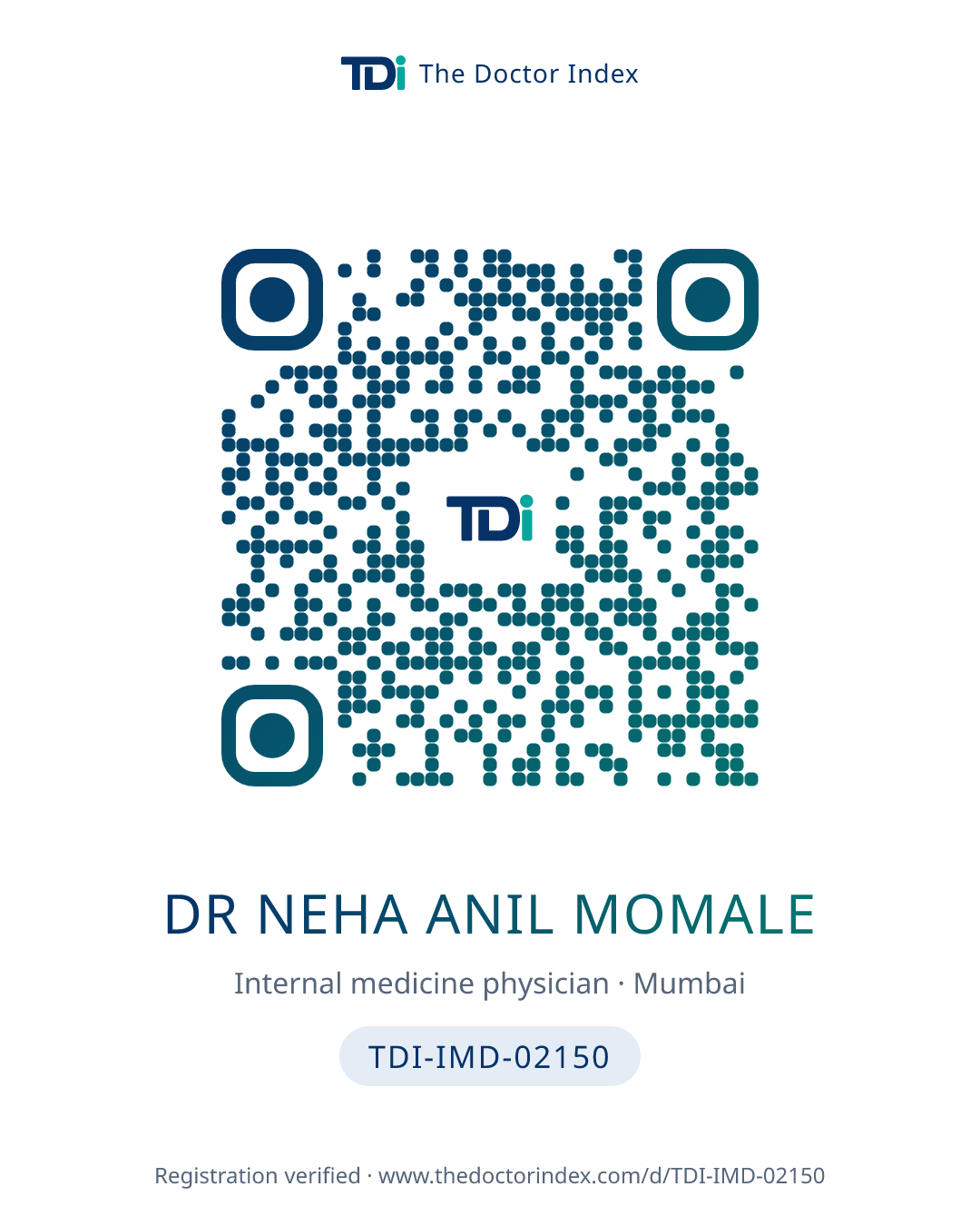QR card for Dr Neha Anil Momale, TDI-IMD-02150