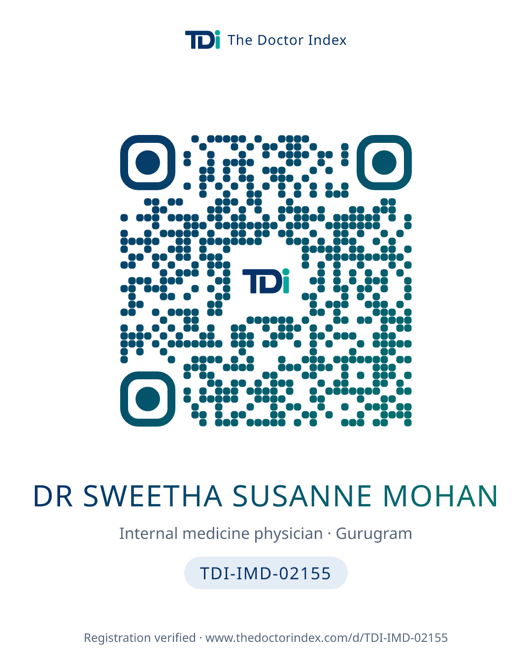 QR card for Dr Sweetha Susanne Mohan, TDI-IMD-02155