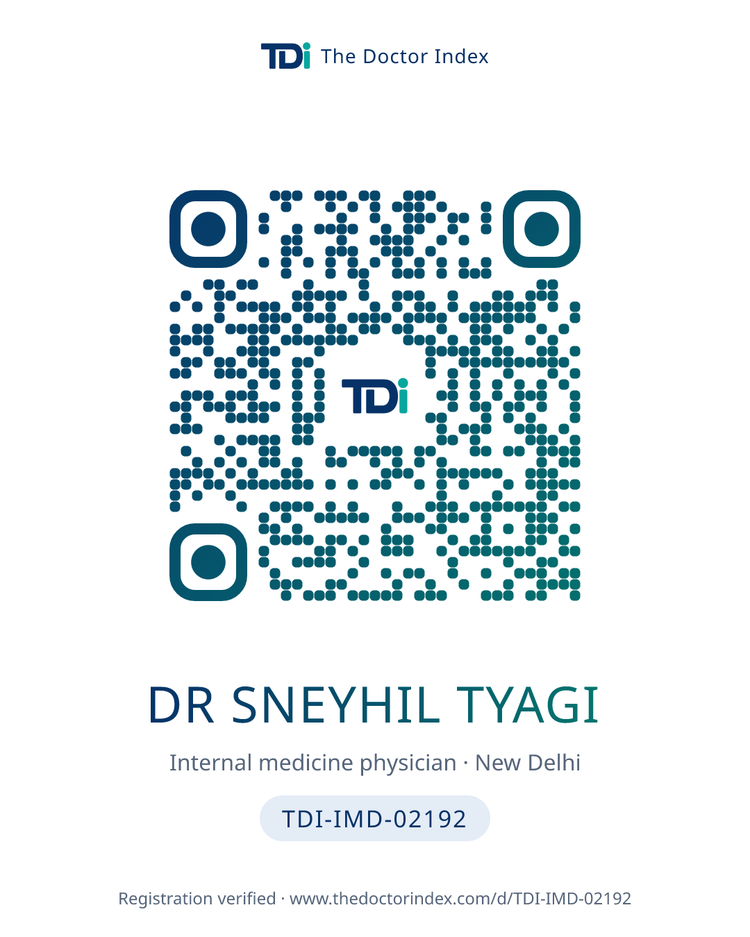 QR card for Dr Sneyhil Tyagi, TDI-IMD-02192