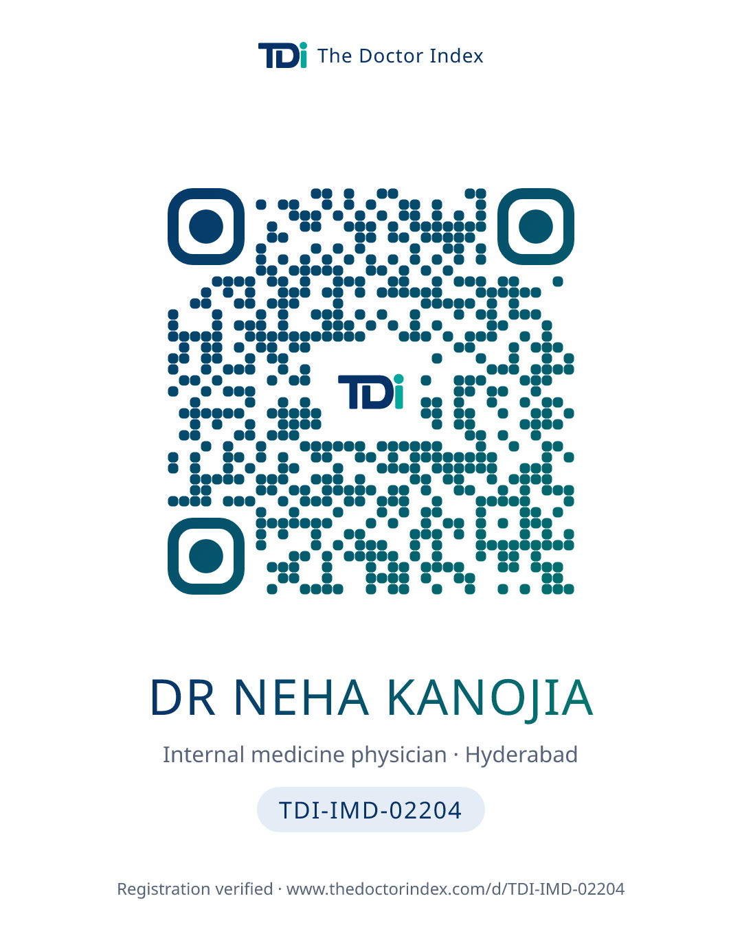 QR card for Dr Neha Kanojia, TDI-IMD-02204