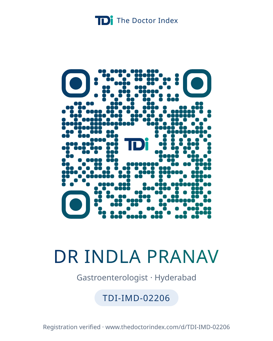 QR card for Dr Indla Pranav, TDI-IMD-02206
