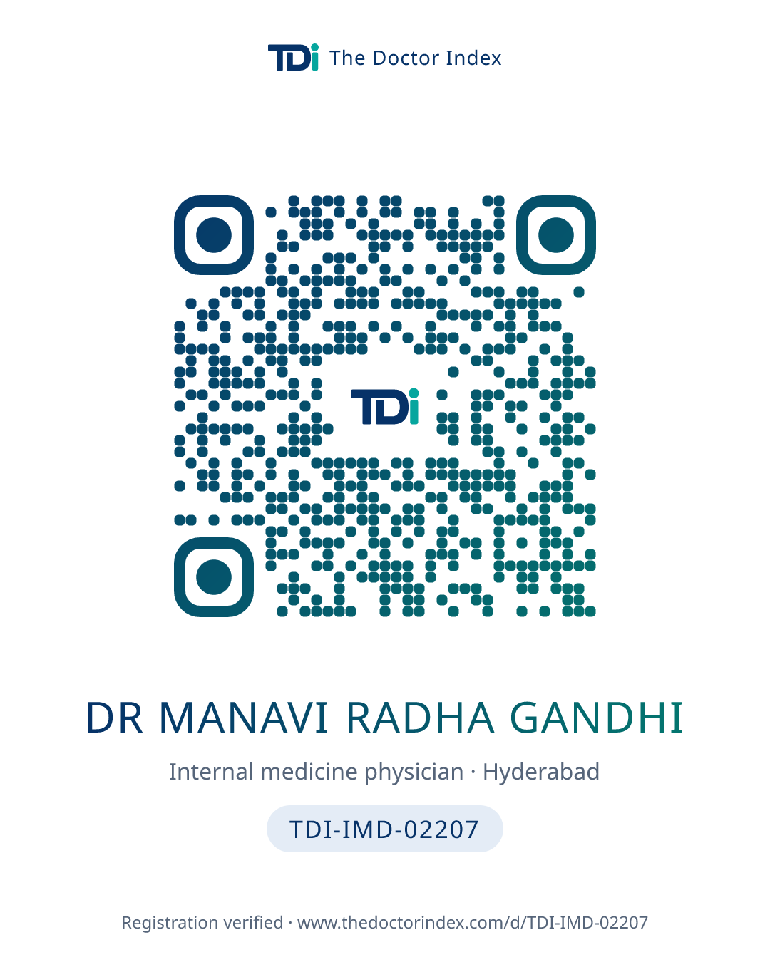 QR card for Dr Manavi Radha Gandhi, TDI-IMD-02207