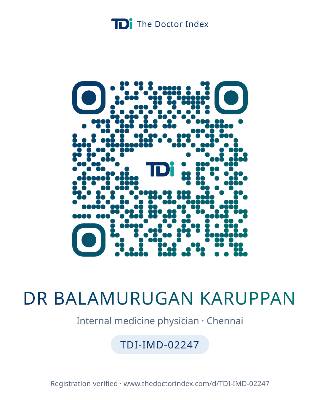 QR card for Dr Balamurugan Karuppan, TDI-IMD-02247