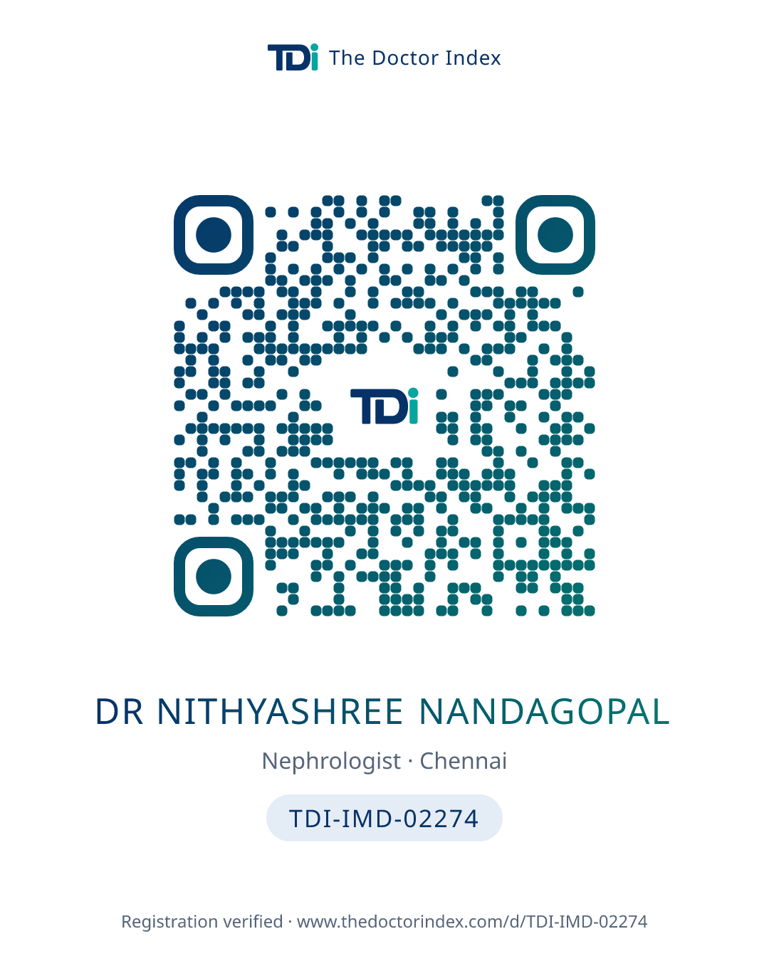 QR card for Dr Nithyashree Nandagopal, TDI-IMD-02274
