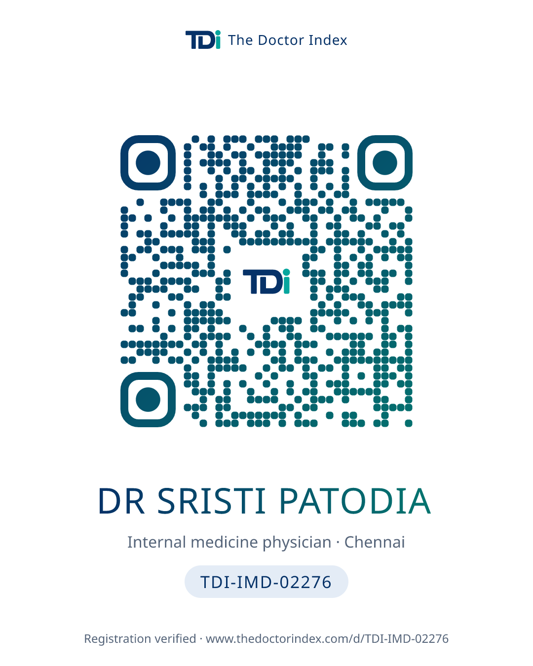 QR card for Dr Sristi Patodia, TDI-IMD-02276
