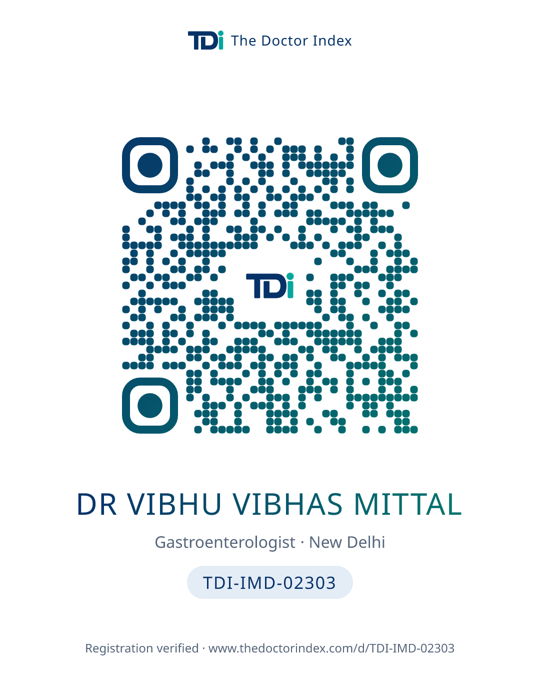 QR card for Dr Vibhu Vibhas Mittal, TDI-IMD-02303