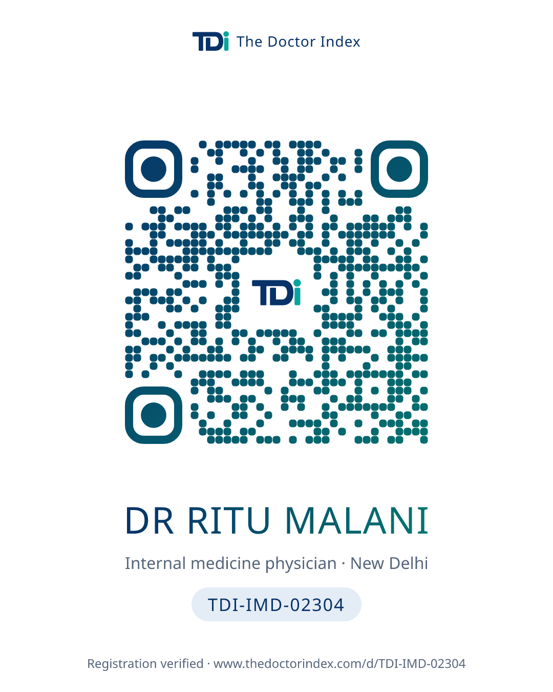 QR card for Dr Ritu Malani, TDI-IMD-02304